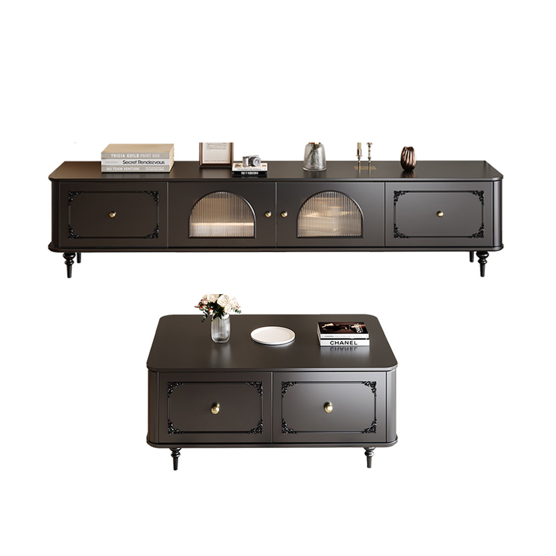 Aurora Craft Black Birch Wood TV Stand And Coffee Table Set 2 Piece