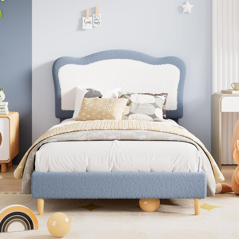 Upholstered Twin/Full Bed with Scallop Headboard - Berber Fleece Kids Bed, Noise-Free, No Box Spring Needed, Blue, Twin