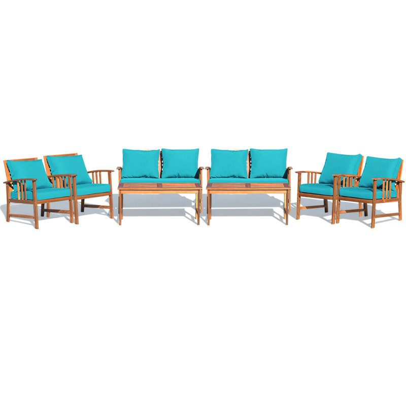 Ensemble de conversation en bois avec canapé et coussins 8 pièces