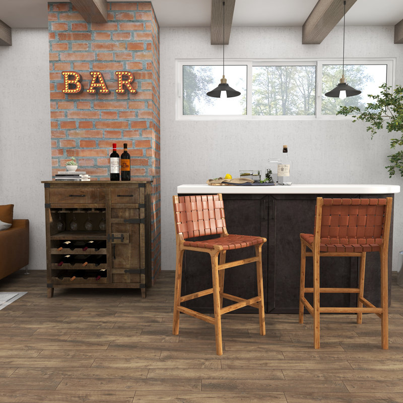 Markus Teak Wood Woven Leather Seat and Back Bar Stool with Beam Footrest, Brown