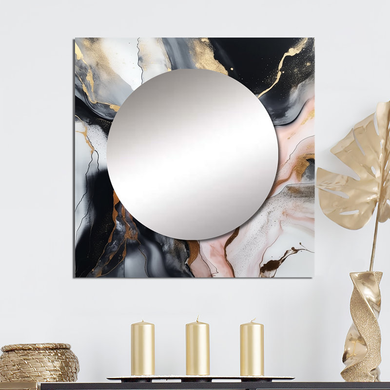 Black Gold Texture Splash Marble - Abstract Marble Square Living Room Wall Mirror Art, 23" x 23"