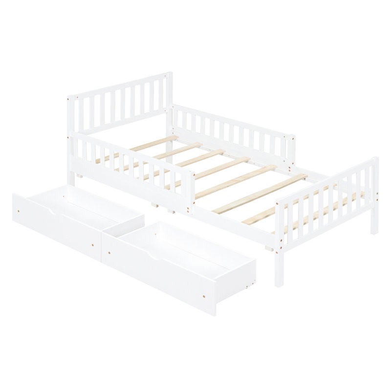 Lit plateforme simple avec garde-corps et rangement - Tiroirs de protection en bois blanc Charisma, Lit simple, Blanc