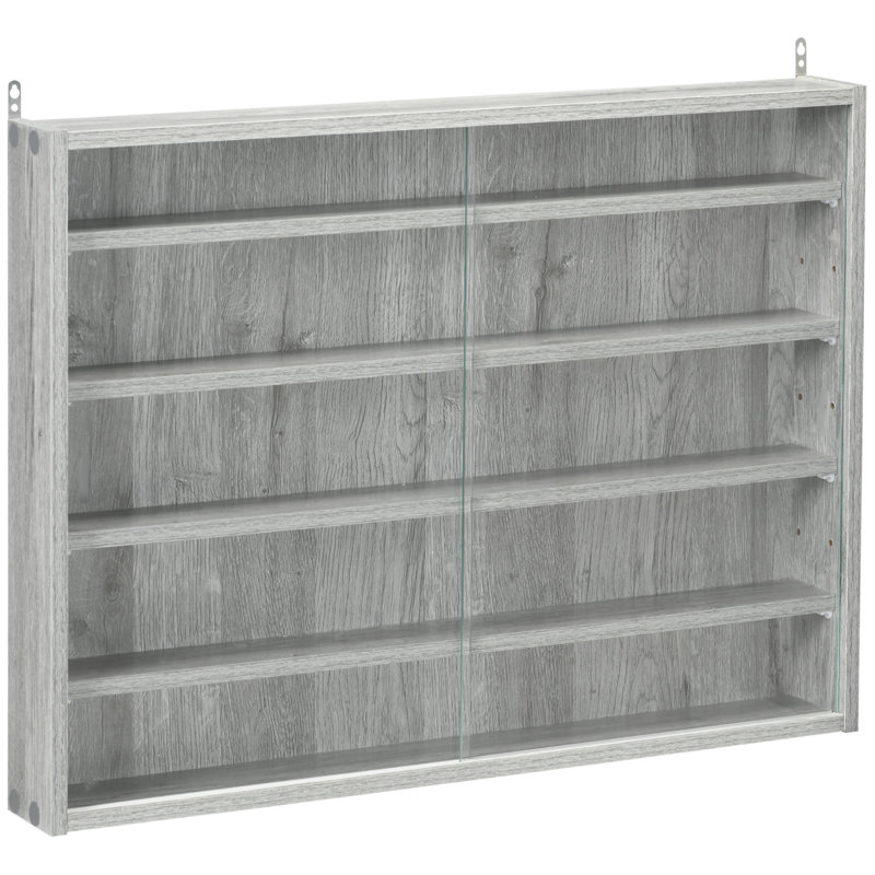 Vitrine à 5 niveaux, vitrine en verre avec 2 portes et tablettes réglables, fixation murale, gris, Gris