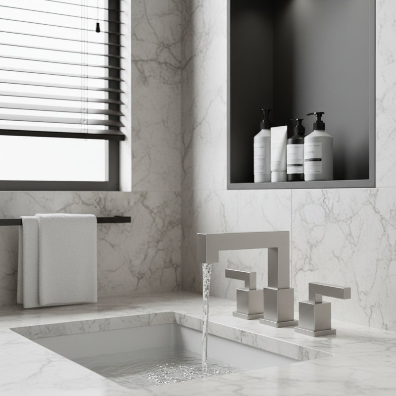 Brushed Nickel Widespread Bathroom Faucet - 2-handle Modern Square Vanity Sink Faucet With Drain & Hoses Included