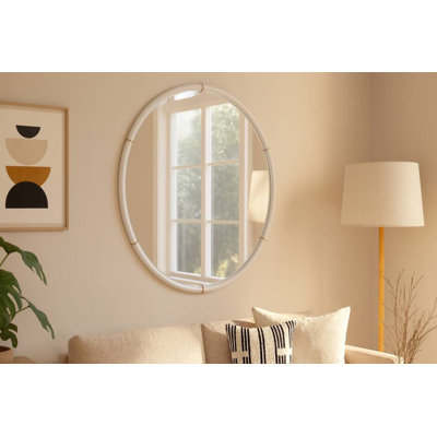 36" Round Wall Mirror With White Tubular Metal Frame And Gold Accents