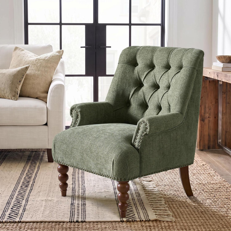 Plath 31"W Transitional Floral Rolled Arm Chair with Nailhead Trim, Moss