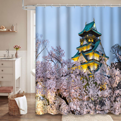 Japanese Castle Sakura Cherry Blossoms Sunset Shower Curtain with 12 Hooks