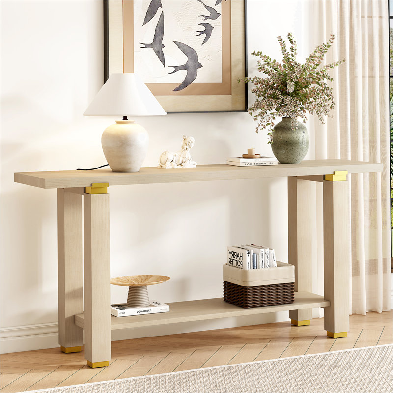 Console moderne minimaliste avec détails en bois massif et en métal, tablette intégrée pour des espaces de vie polyvalents