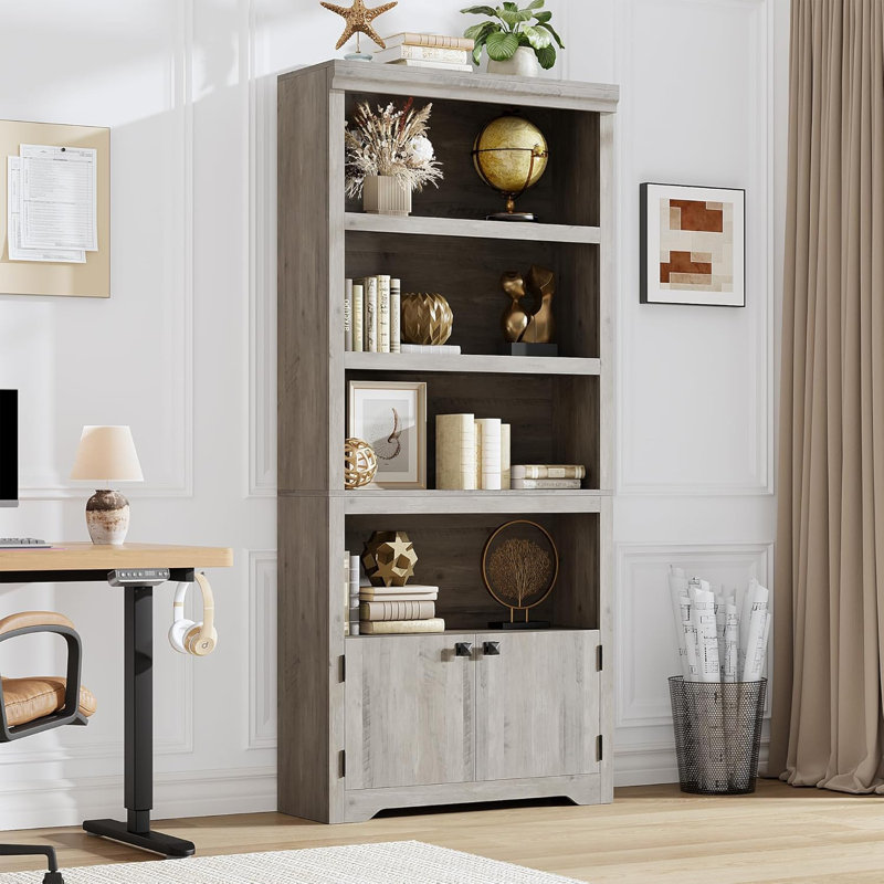 5-Tier Farmhouse Bookshelf, 69” Tall Bookcase with 2 Doors & Adjustable Shelves, Wooden Open Display Storage Rack for Home Office, Living Room & Study (31.5”W)
