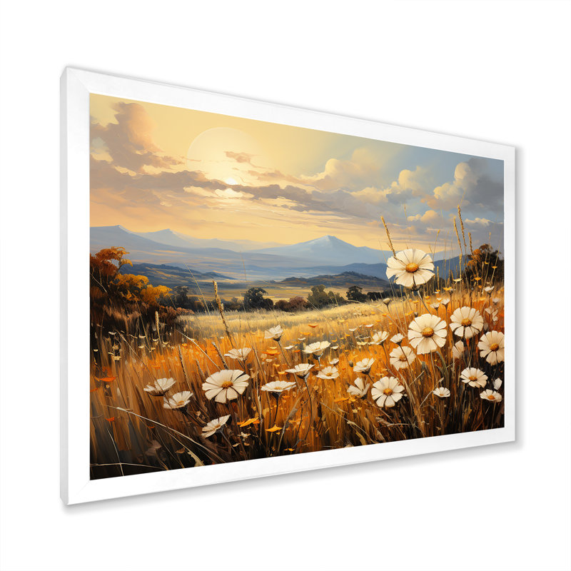 Magnifique champ de fleurs chaudes sur toile, Cadre simple blanc, H 34 po x l 44 po x P 1,5 po