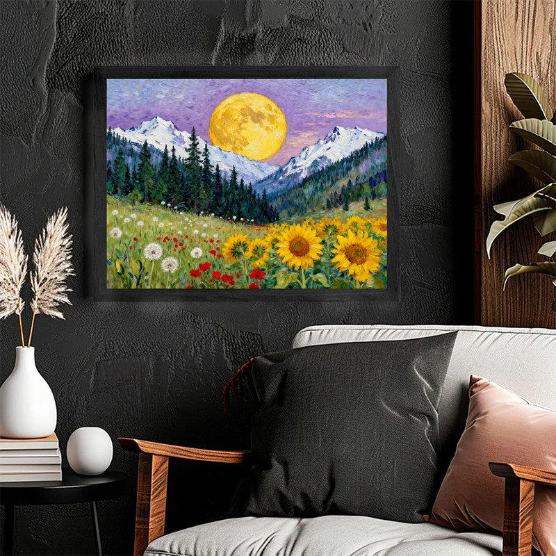 «Moonlit Pine Forest», encadré noir, pleine lune, peinture de champ de fleurs sauvages, art mural paysage nature Moody Mystical