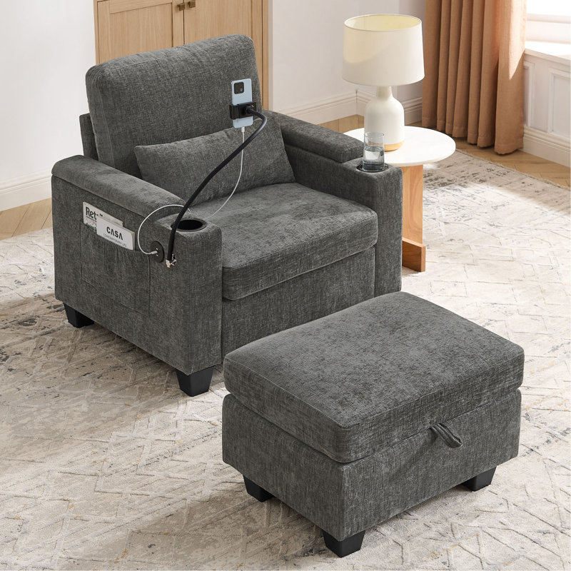 Canapé inclinable simple avec dossier réglable manuellement, port de charge USB sur le côté de l'accoudoir, support pour téléphone inclus, rangement pour accoudoirs dissimulé et repose-pieds de rangement assorti