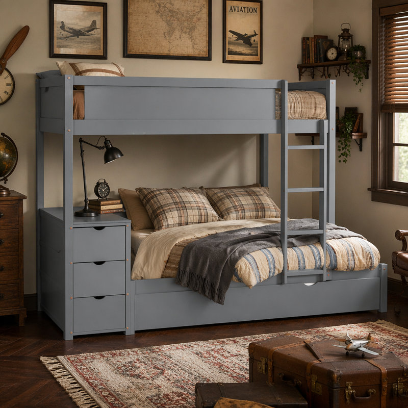 Lit superposé double avec lit gigogne simple, rangement et bureau, gris, Gris