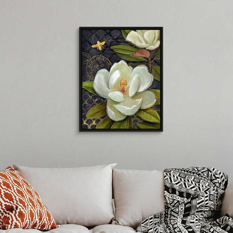 «Heirloom Magnolia» sur toile noire, Cadre noir, H 24 po x l 30 po x P 1,75 po