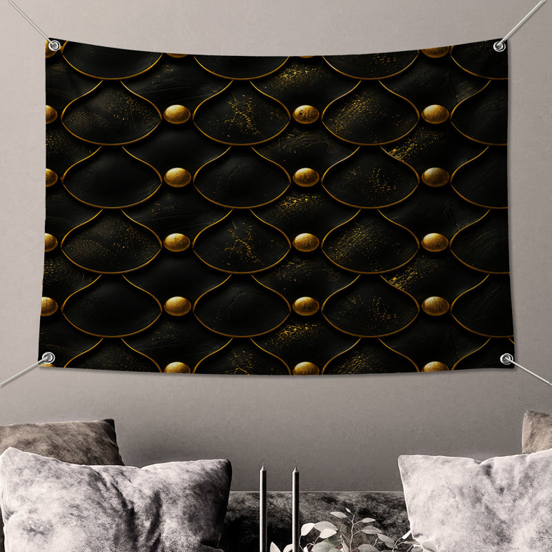 Tapisserie murale noire et dorée, H 104 po x 88 avec 4 œillets