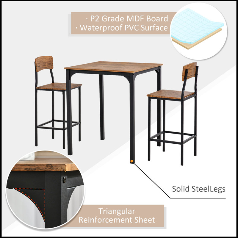 3 Piece Bar Table Set, Industrial Counter Height Dining Table Set, Bar Table & Chairs with Legs, Rustic Brown
