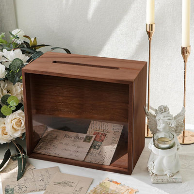 Brown Wooden Wedding Card Box with Acrylic Window, Rustic Large Gift Money Box for Wedding, Reception, Birthday Party Decor