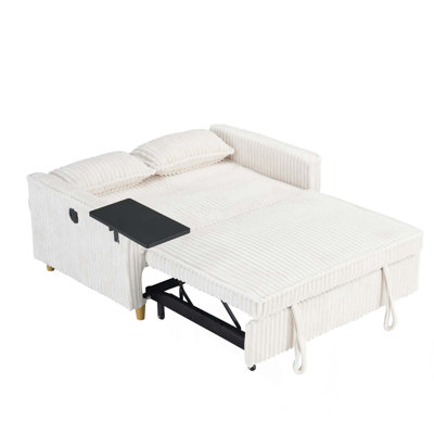 The Pull-Out and Push-In Corduroy Sofa with Dual Functions, Equipped with a Movable Tabletop and Usb Ports, is Suitable for Use in Living Rooms and Be by Latitude Run