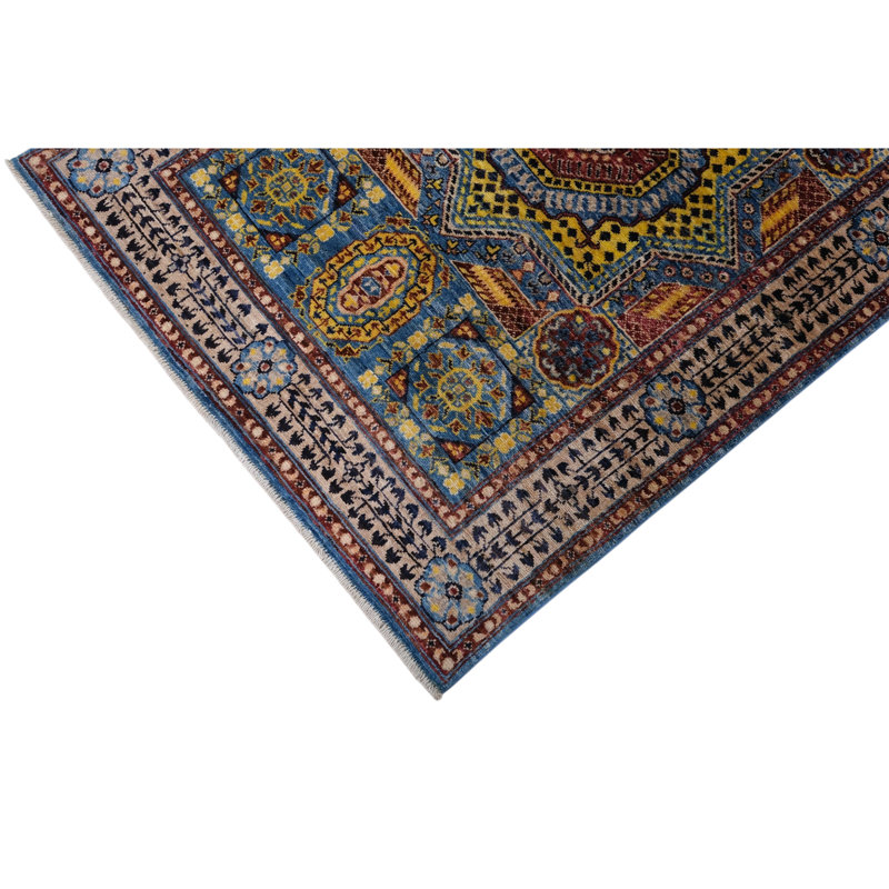 Hand Knotted Wool Area Rug in Blue And Beige