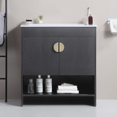 Meuble-lavabo de salle de bain avec lavabo en céramique blanche et 2 portes avec poignées en métal