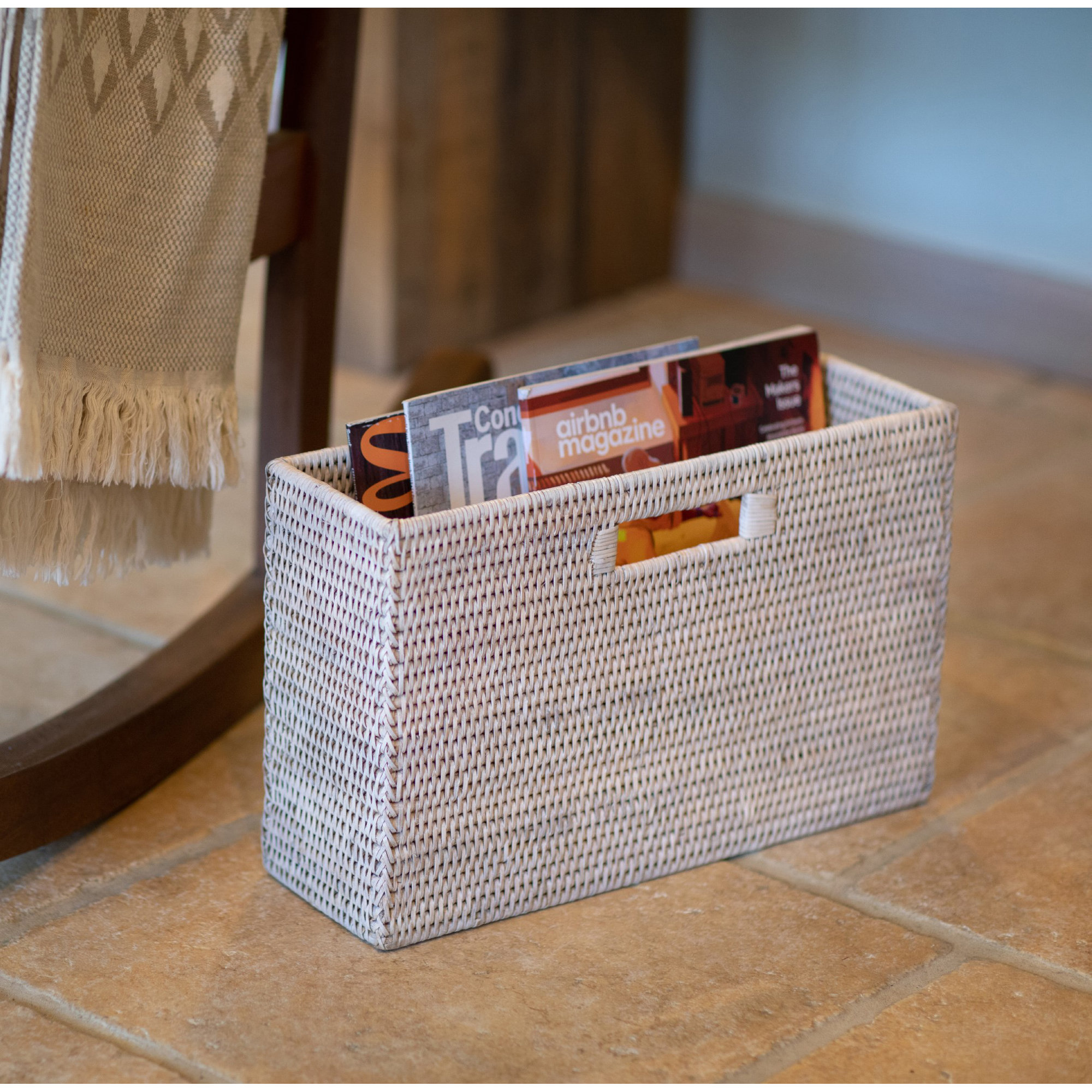 Rattan Magazine Rack, White Wash