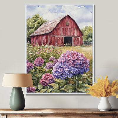 «Jahdir Hydrangeas In The Lavender Color Barn II - Hydrangea», reproduction sur toile encadrée
