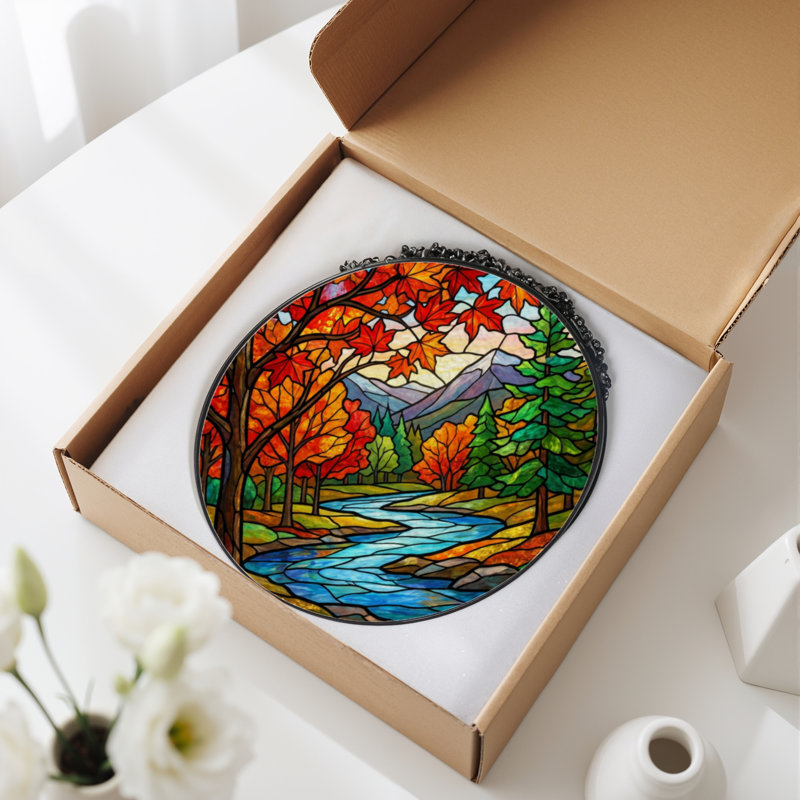 7.8"H Autumn Landscape Stained Glass Window Panel, 7.8" H x 7.8" W