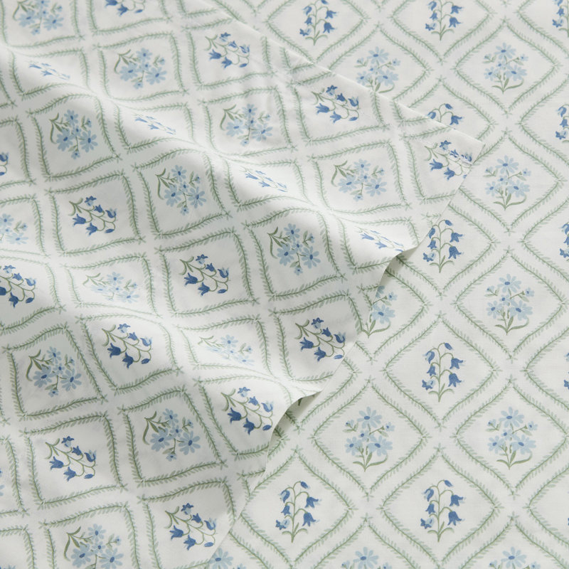 Ensemble de draps en coton percale Martha Stewart, Ensemble de draps pour lit simple avec 1 taie d'or, Costa Blue