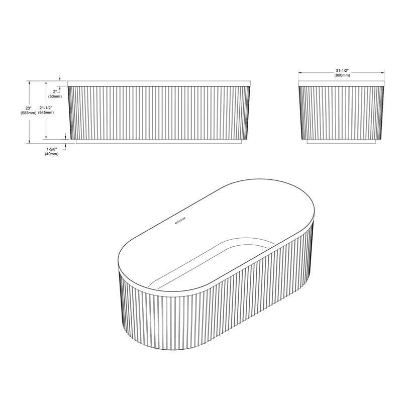 67'' x 31'' Freestanding Soaking Acrylic Bathtub with Overflow, Fluted Design, Matte Black