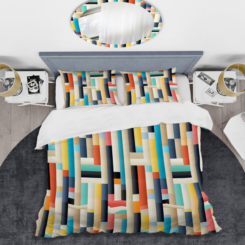 Ensemble de housse de couette en microfibre bleu / beige / jaune Modern Bold Stripes