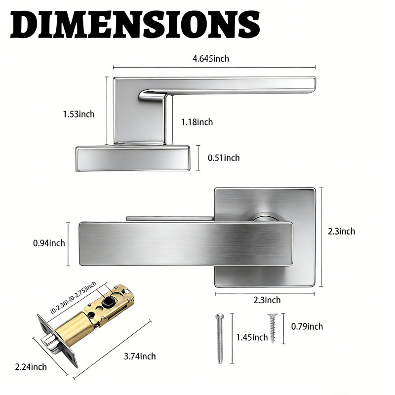 Intérieur des poignées de porte en nickel satiné, poignées de porte pour garde-robe de couloir, poignées de porte carrées robustes non verrouillables pour portes à gauche et à droite