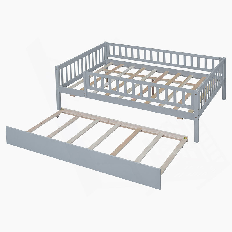 Wood Daybed With Trundle And Fence Guardrails, Gray