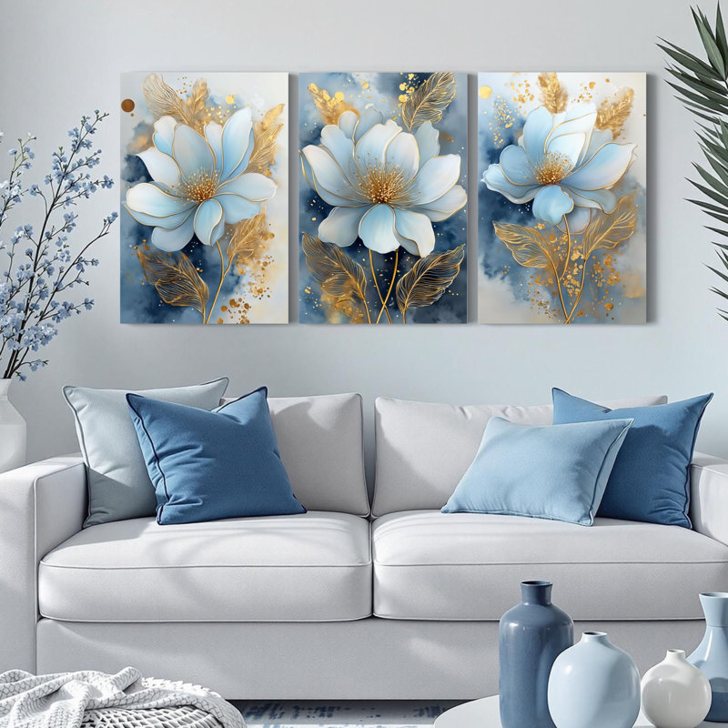 3 pièces d'art floral sur toile blanche et feuille d'or, H 12 po x l 24 po