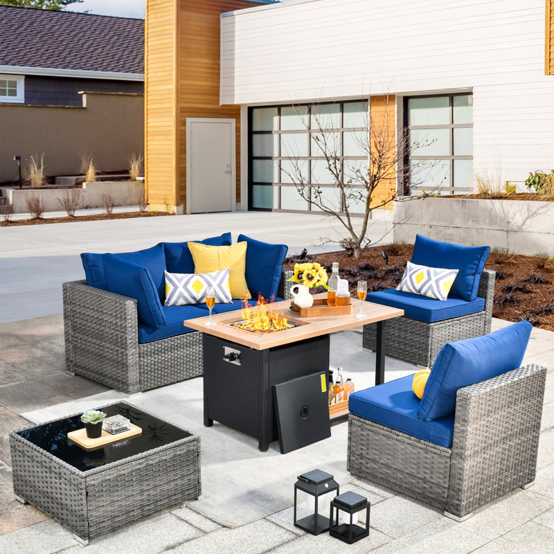 Aliva Wicker 4 - Person Patio Conversation Set with Cushions, Navy Blue