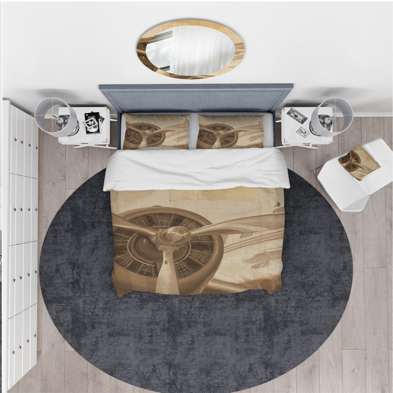 Retro Airplanes Sepia - Ensemble de housse de couette de transport Vintage - Microfibre de polyester