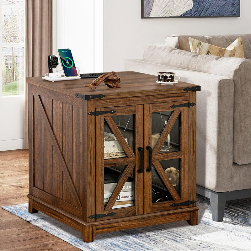 Table de bout - Grande table d'appoint avec station de charge, porte de grange en verre, tablette en bois réglable, table de chevet carrée pour le salon, la chambre à coucher et le bureau, brun