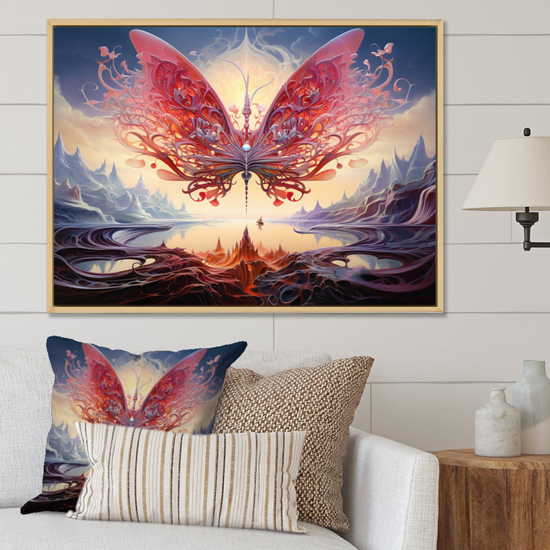 Papillon rose majestueux et futuriste, H 16 po x l 32 po x P 1 po, Cadre naturel flottant