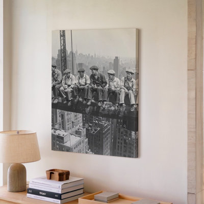 A Black And White Photograph Showing A Group Of Construction Workers Sitting On A Steel Canvas Wall Art Premium Quality Ready To Hang