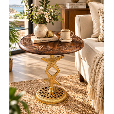 Solid Wood Round End Table with Gold Metal Base, Walnut Finish