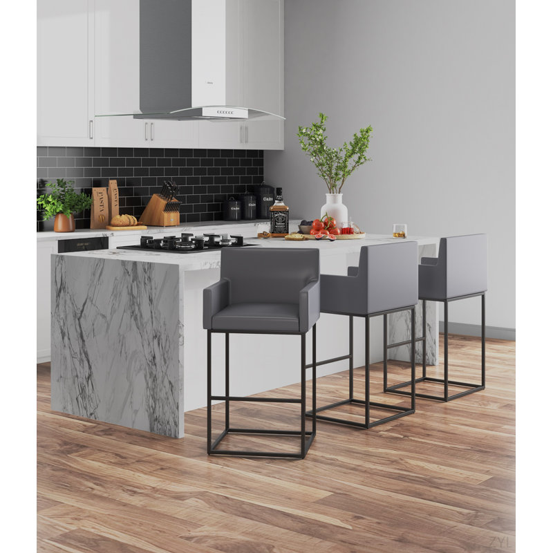 Tabouret de bar rembourré en métal gris