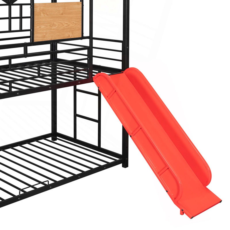 Twin Over Twin Metal Bunk Bed, Metal Housebed With Slide And Storage Stair, Black/Red