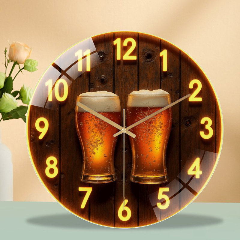 Vintage Beer Clock Wall Decor with Two Glasses Art - 12'' Modern Glass Wall Clock