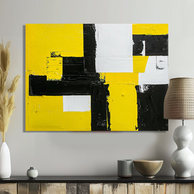 Geometric Pulse Of Yellow And Black Paint I - Abstract Metal Art, Geometric Metal Print