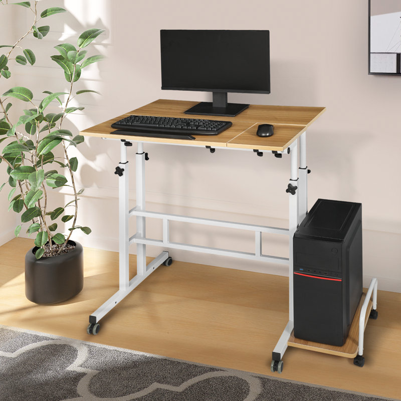 Mobile Computer Desk Workstation, Rolling Laptop Standing Table with Monitor Shelf and Host Rack, Natural/White
