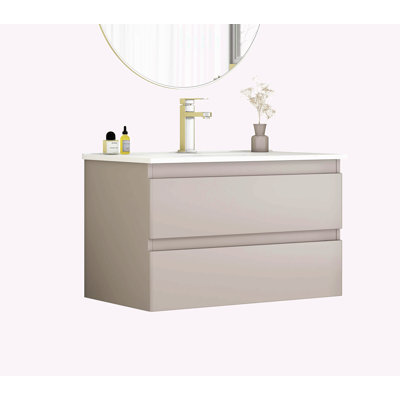32-Inch Wall-Mounted Bathroom Vanity with Sink, Soft-Close Drawers, Ceramic Basin, No Handles, Solid Wood Construction