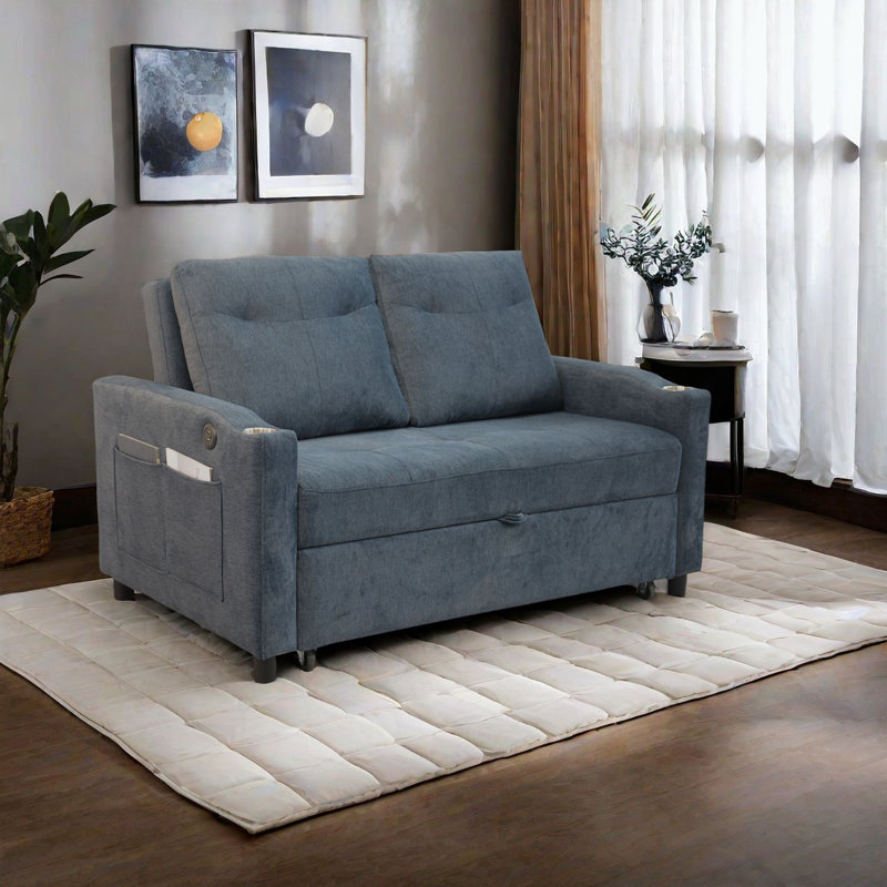 53.2'' Small Loveseat Pull-Out Sofa Bed - Adjustable Backrest, Gray Fabric