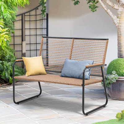 Metal Outdoor Loveseat Bench For Outside Patio Porch, Natural All Weather Twisted Wicker Twinseat Chair by Dakota Fields