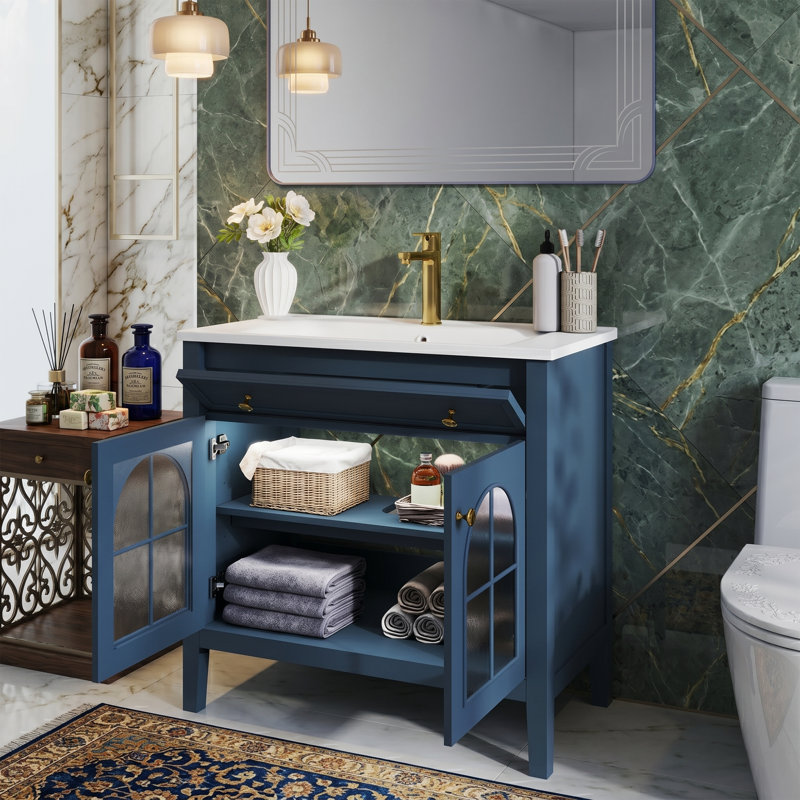 Meuble-lavabo blanc 36 po avec lavabo en céramique, lumière DEL à capteur de mouvement et portes en verre à motifs, Blue