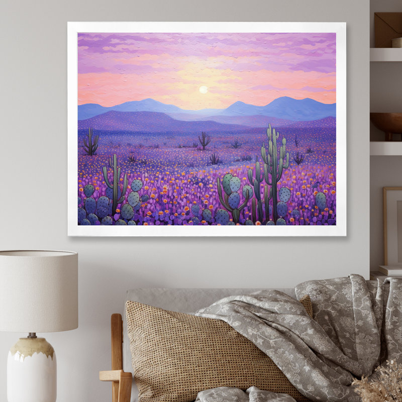 Cactus lavande paysage I sur toile, Cadre simple blanc, H 12 po x l 20 po x P 1 po