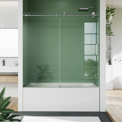 Porte de douche coulissante sans cadre 60 po x 59 po, verre trempé de 6 mm avec film antidéflagrant et poignée